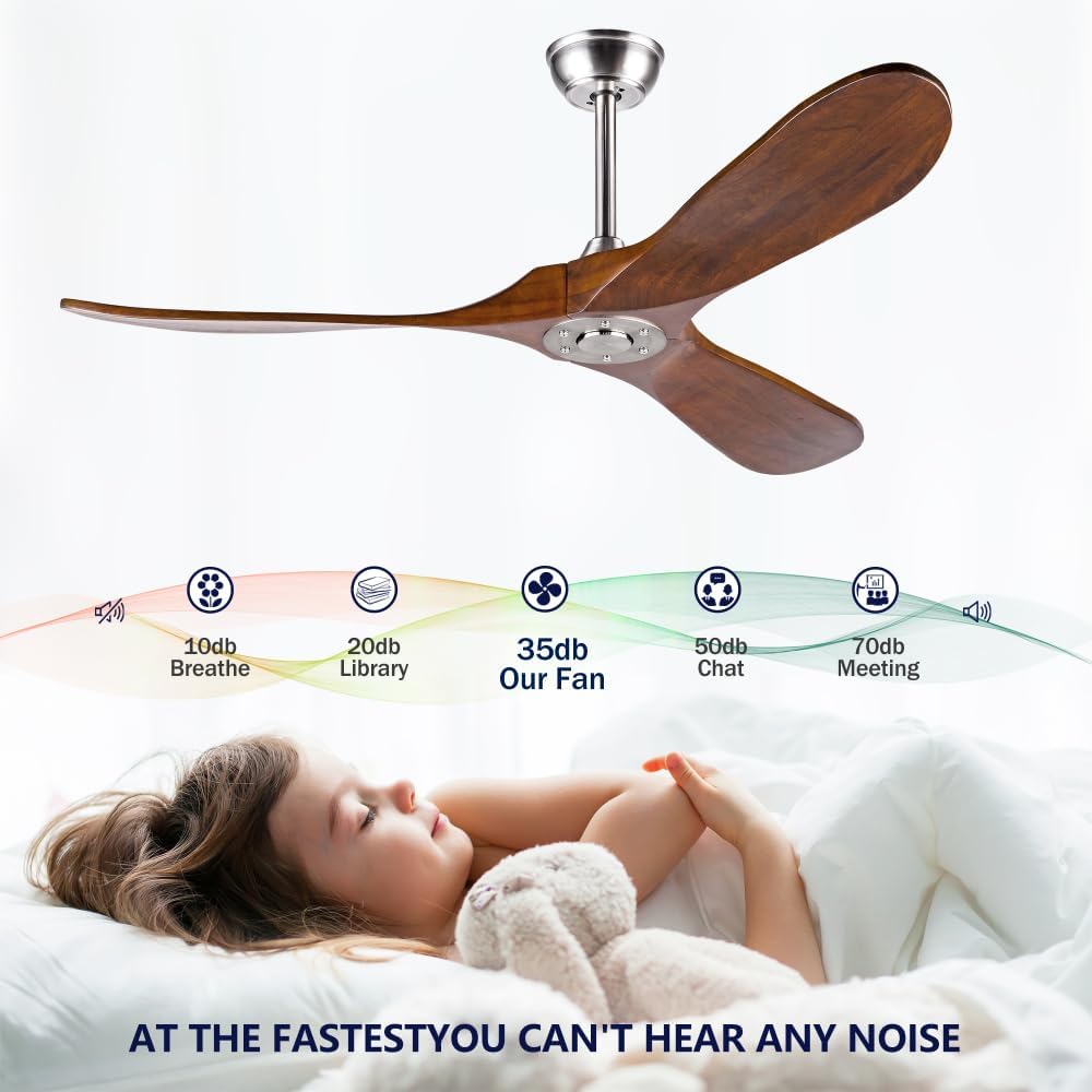 52 Inch Outdoor Ceiling Fan with Remote Control - Solid Wood 3 Blade, Water Resistant, Walnut