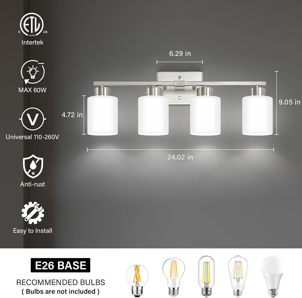 Brushed Nickel Bathroom Light Fixtures Vanity Lights Over Mirror | Modern 4-Light lighting fixtures with Milky White
