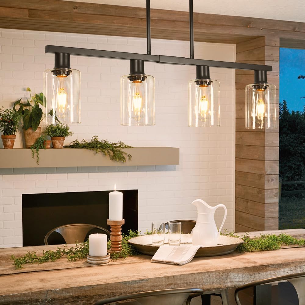 4-Light Kitchen Island Lighting, Black Simplicity Bar Island Lights for Kitchen, Farmhouse Chandelier with Adjustable