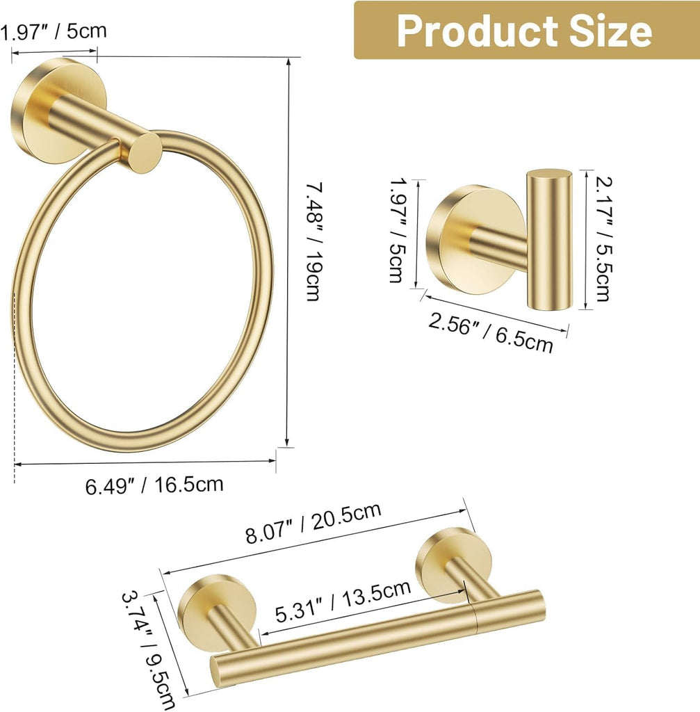 Brushed Gold 4-Pieces Towel Ring Set Include Towel Ring Double Base Toilet Paper Holder Towel Hook SUS304 Stainless