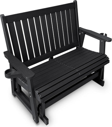 Patio Glider Two-Seat with Cup Holders, Durable HIPS Material, All-Weather Resistant, High Backrest and Deep