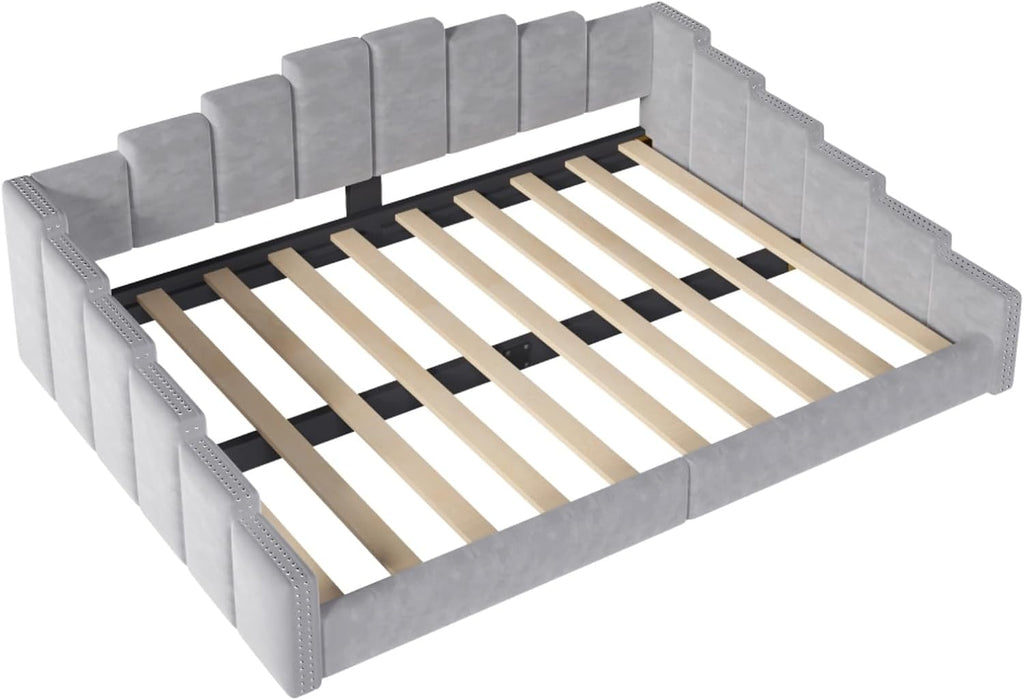 Queen Size Upholstered Daybed with Nailhead Trim Armrest, Gray | Velvet Vertical Channel Tufted Day Bed with
