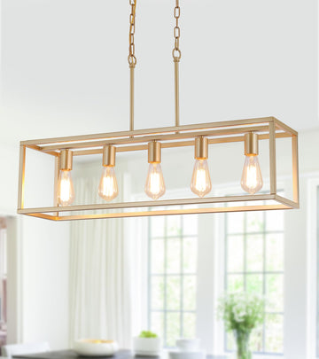 Gold Rectangle Kitchen Island Lights Rectangular Modern Industrial Chandelier 5 Lights Linear Vintage Cage Light