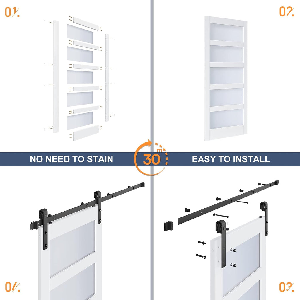 36x84 Inch Glass Sliding Barn Door Slab and 6.6ft Hardware Kit Included, 5 Frosted Glass, LVL Wood P