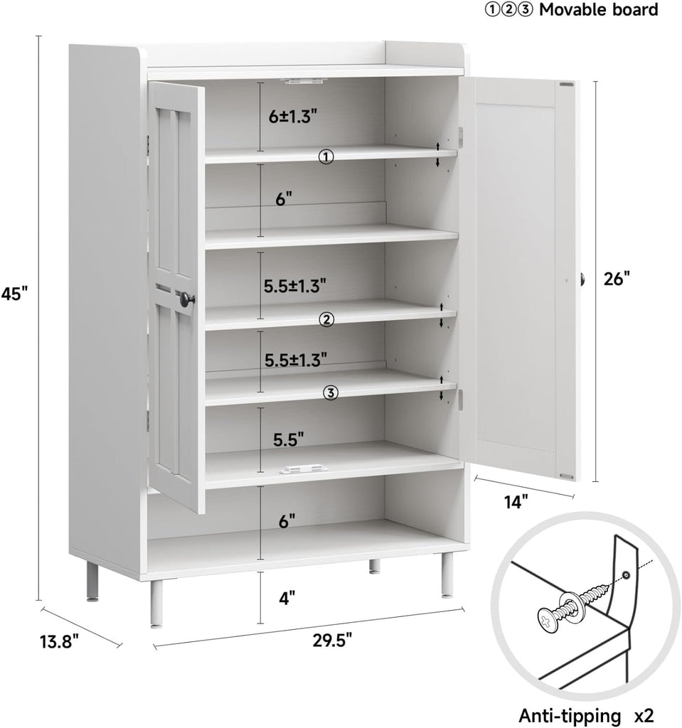 White 7+1 Tier Farmhouse Shoe Storage Cabinet - 45" Tall Entryway Organizer with Cross Molding Doors, 3 Adjustable