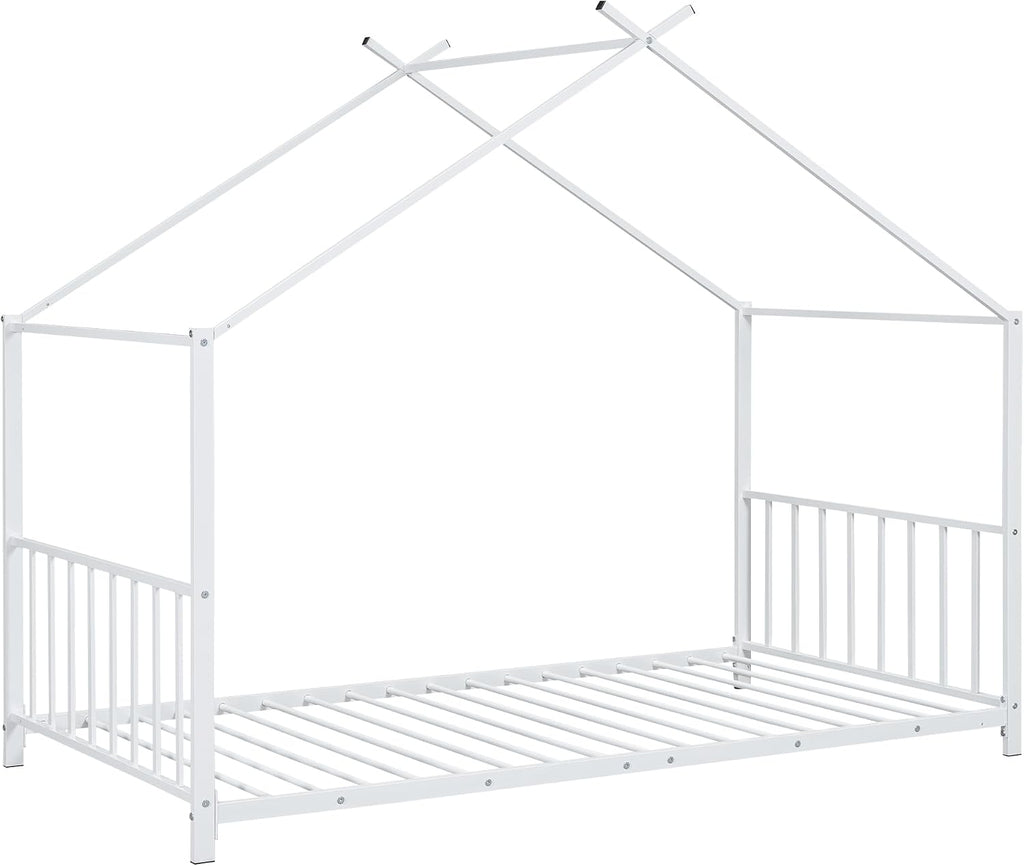 Twin Size Kids Montessori Floor Bed,Houe Bed Frame with High Headboard,Twin Floor Bed with Roof for Boys Girls,Floor