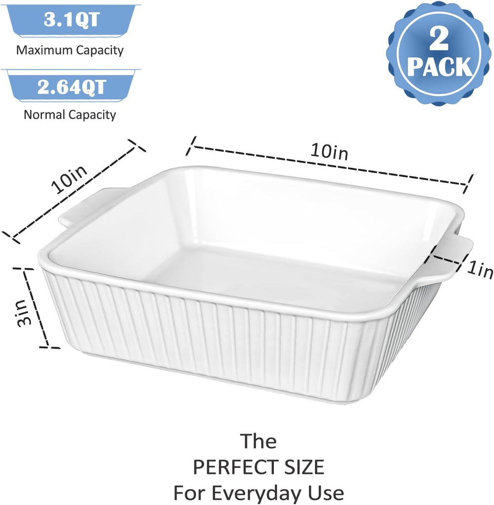10" Square Ceramic Casserole Dish Set of 2-2.6 Qt Deep Dishes with Handles for Oven, Lasagna Pan for Casseroles Cake