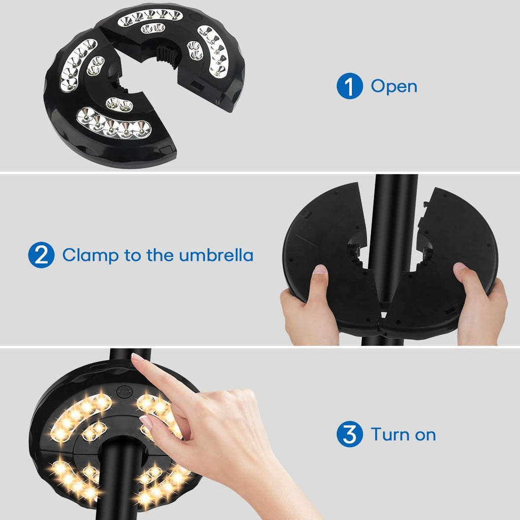 Dual-Power Patio Umbrella Light-Rechargeable & Battery Operated Umbrella Lights,3 Lighting Modes Cordless,Umbrella Pole