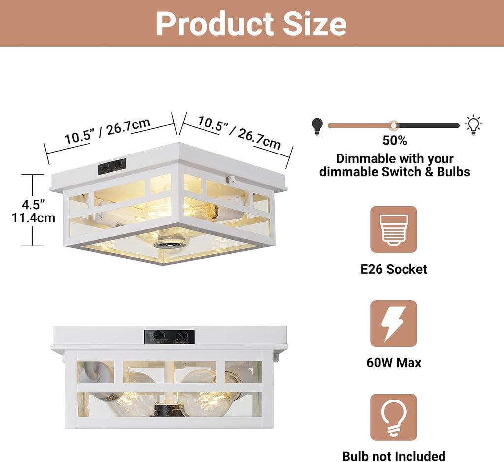 Outdoor Flush Mount Motion Sensor White Ceiling Light - Timeless Industrial Design with Seeded Clear Glass for Your