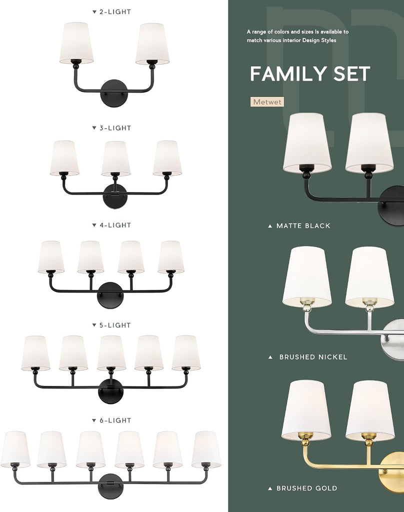 Bathroom Light Fixtures, Matte Black Vanity Lights with Flared White Fabric Shade, 3 Light Wall Sconce, Modern