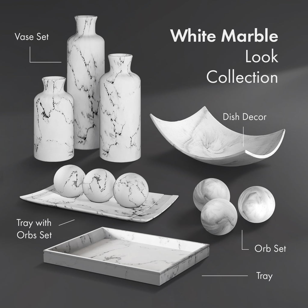 White Marble Look Home Decor Tray and Orb Set Coffee Table Decor Centerpiece Table Decorations for Dining Table