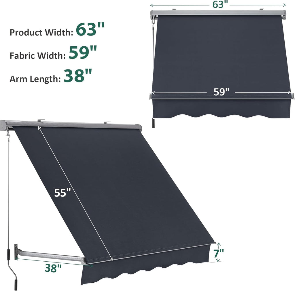 63" Patio Window Awning for Door Entrance, Aluminum Fully Assembled Manual Retractable Sunshade Canopy, WA416 (Dark