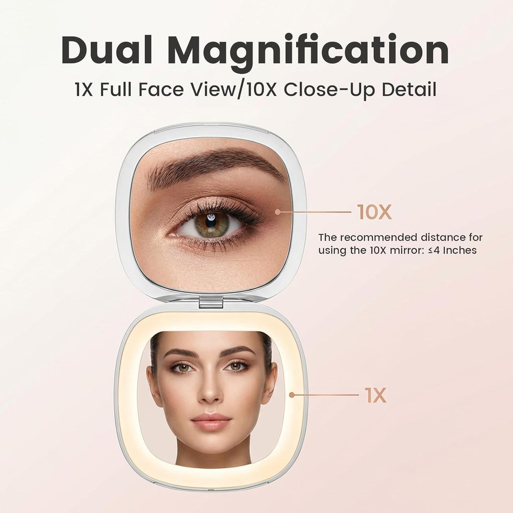 1X 10X Magnifying Compact Makeup Mirror, 3 Color Dimmable LED Lighted Travel Mirror, Double Sided 4"