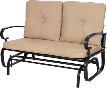 Outdoor Loveseat Patio Swing Glider Bench 2 Seats Rocking Chair, Wrought Iron Chair Set with Brown Cushion