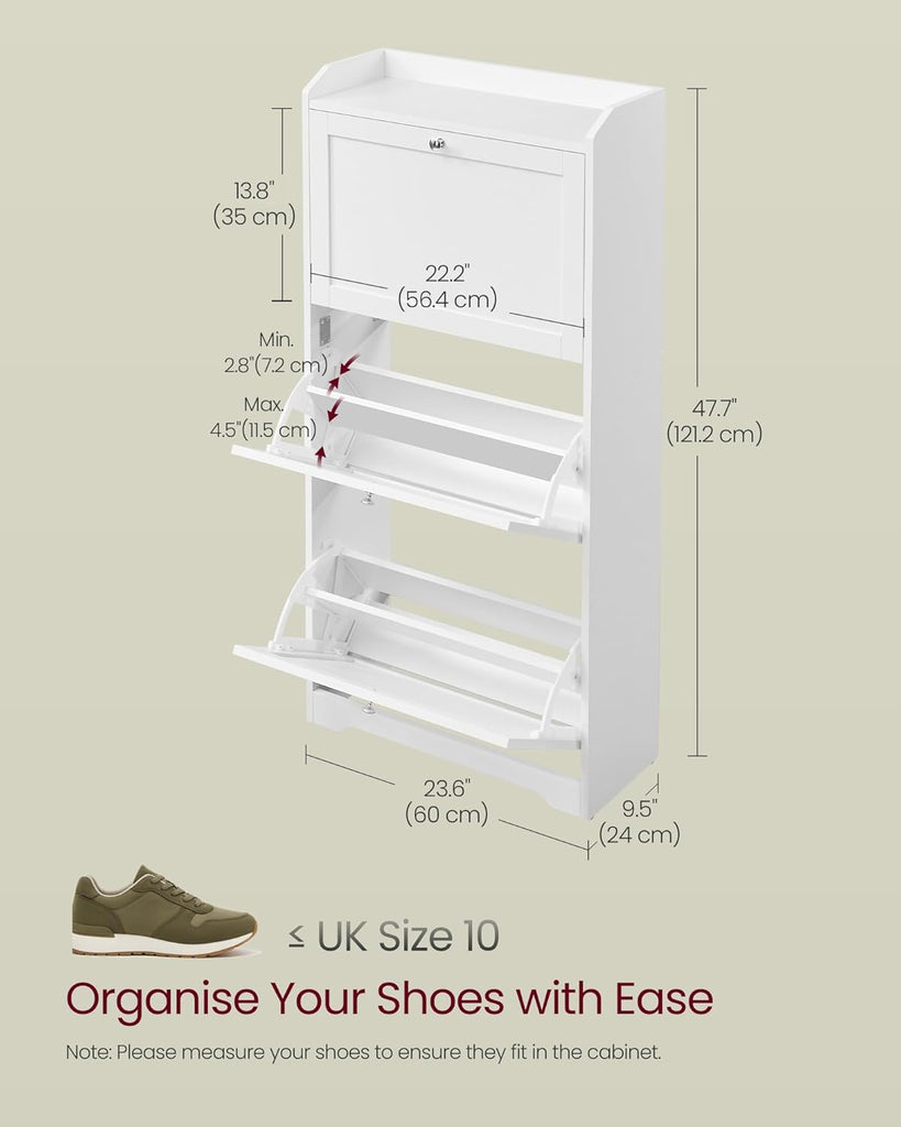Shoe Cabinet with 3 Flip Drawers, Shoe Organizer, Adjustable and Removable Dividers, Holds 12-20 Pairs, Entryway, 9.4