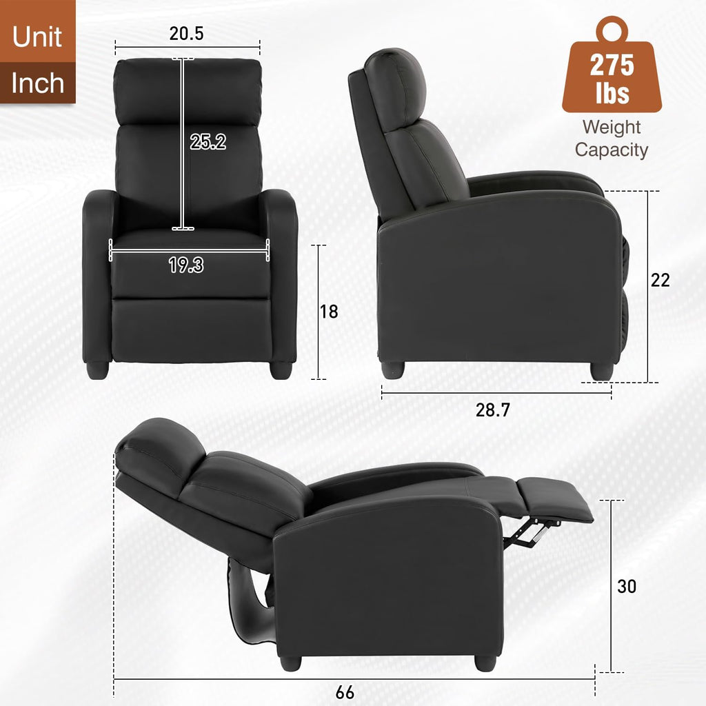 Recliner Chair | No Massage Function | Leather Black | with Lumbar Support, Adjustable Push Back, Wide Armrests