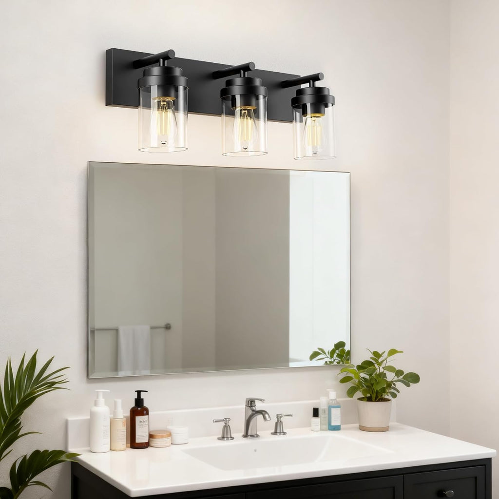 Bathroom Vanity Light Fixture, 3-Light 22 Inch Matte Black Bathroom Light Fixtures Over Mirror, with Clear Glass