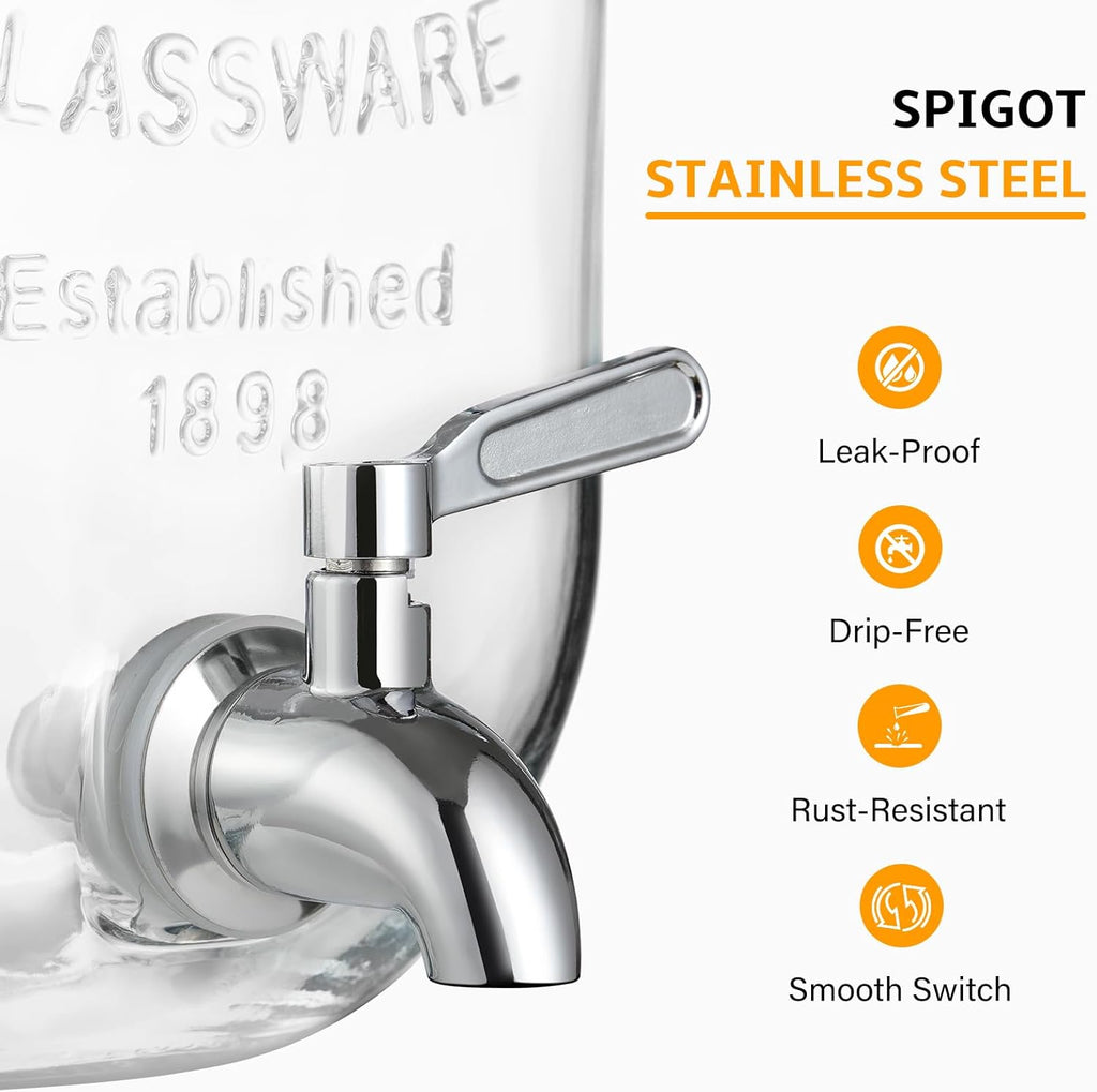 2 Gallon Glass Beverage Dispenser, 18/8 Stainless Steel Spigot and Lid - Glass Drink Dispensers for Parties - Mason