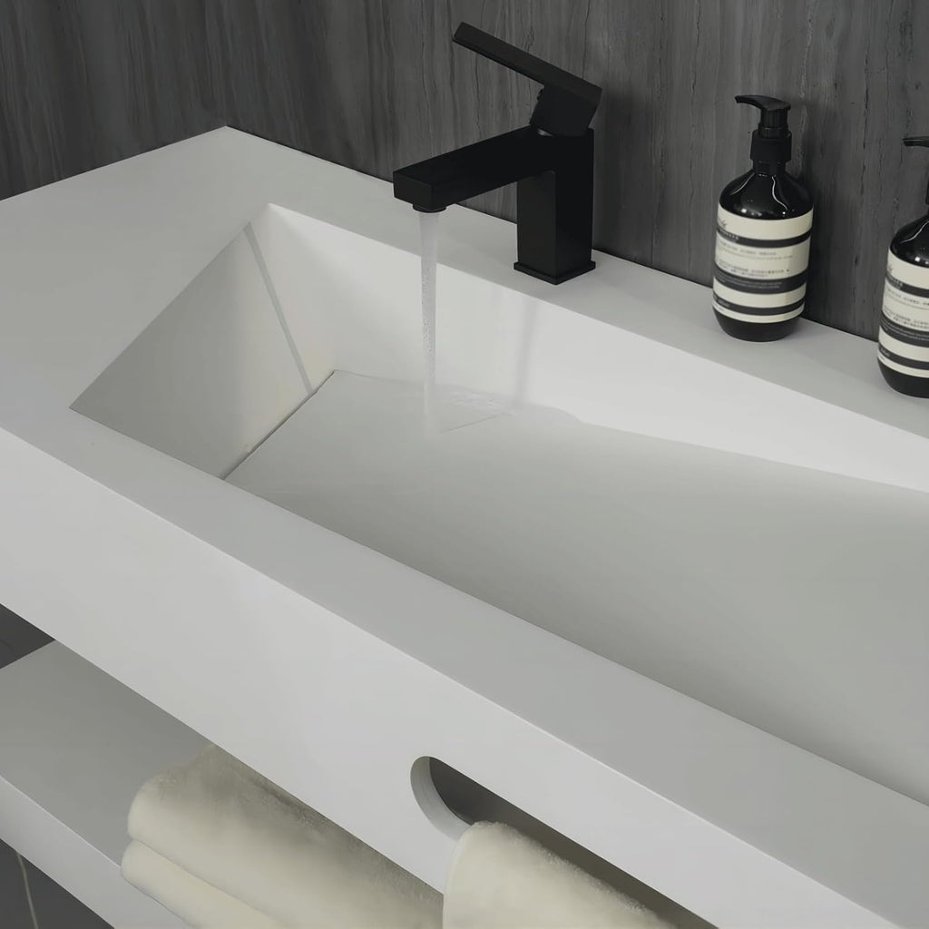 48"x19" Wall-Mount Stone Resin Bathroom Sink Rectangular Vessel Sinks for Bathroom Floating Vanity Sink Trough