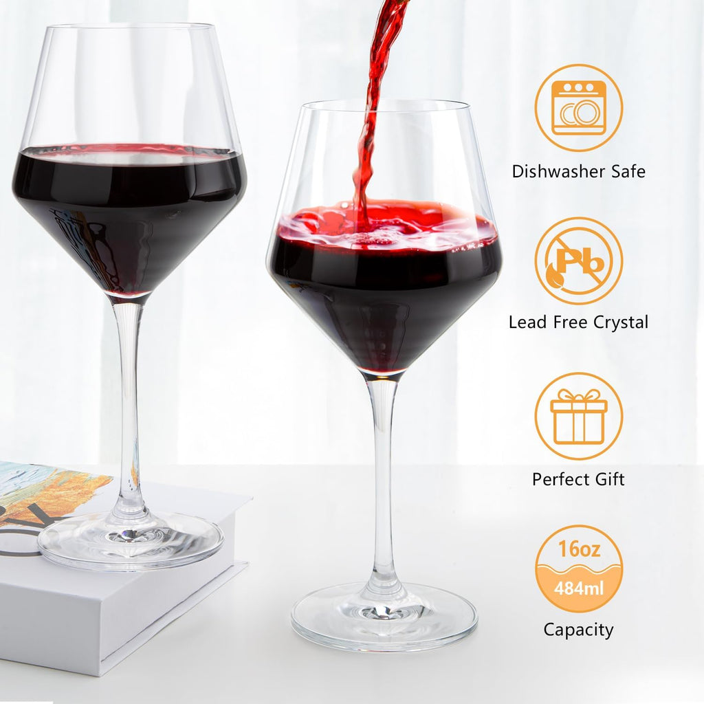 Red Wine Glasses Set of 4, Long Stem Crystal Wine Glasses, Burgundy Wine Glass with Gift Box, 16 oz Large Wine