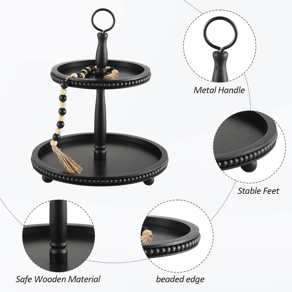 Beaded Tiered Tray Stand, Rustic Wooden 2 Tier Decorative Tray with Bead Garland, Farmhouse Round Wood Serving Tray