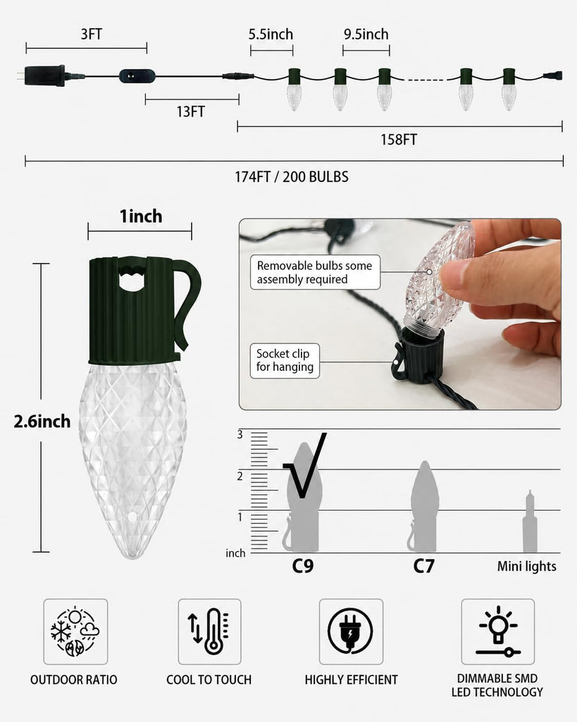 Up to 197FT 200 LED Smart C9 Christmas Lights Outdoor, RGB, App Controlled