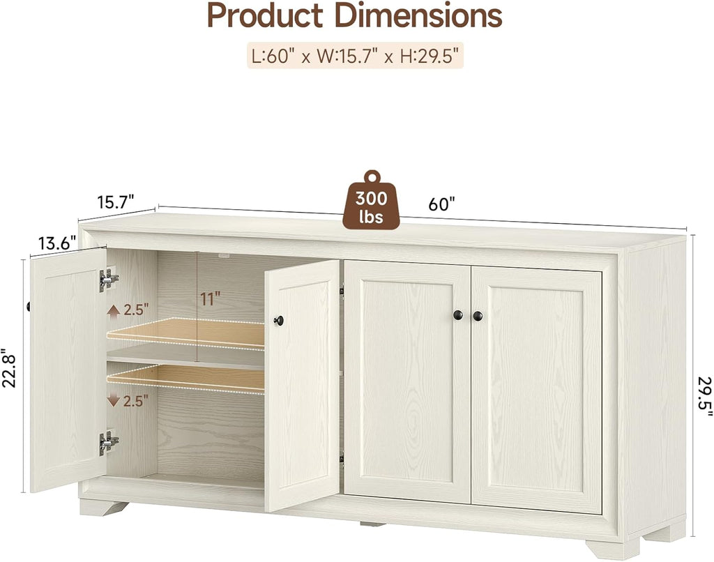60" Buffet Cabinet with Storage, 4 Doors Sideboard Buffet Cabinet with Adjustable Shelves