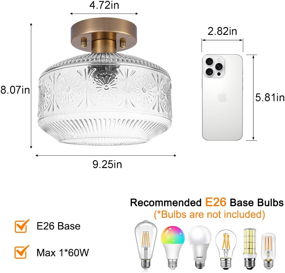 Semi Flush Mount Ceiling Light, Brass Thick Glass Fixture | Thick Glass Shade Creates Soft Warm Glow, Semi Flush