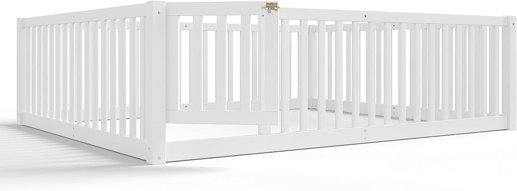 Queen Size Kids Montessori Floor Bed with Door,Solid Wood Floor Bed Frame with High Fence for Girls,Boys,White