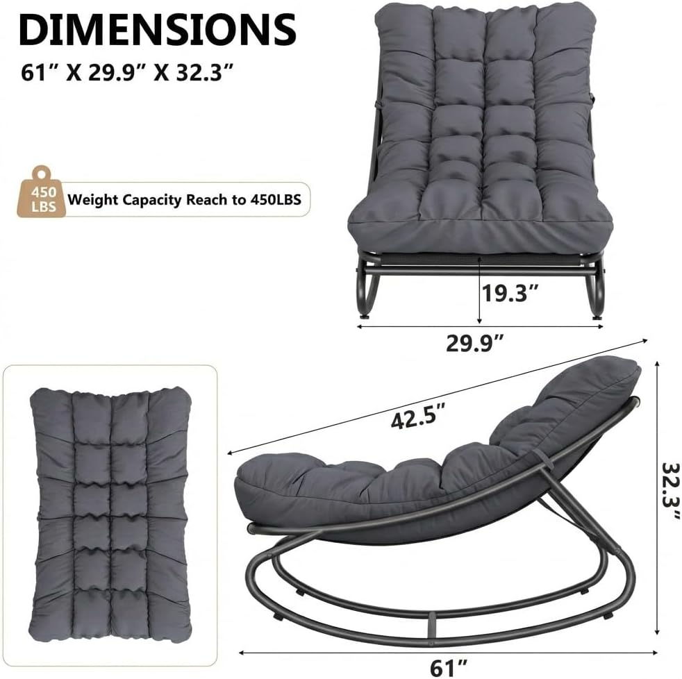 Outdoor Papasan Rocking Chair, Oversized Metal Frame Egg Rocker with Thick Waterproof Cushion, 450 lbs, Comfy Lounge