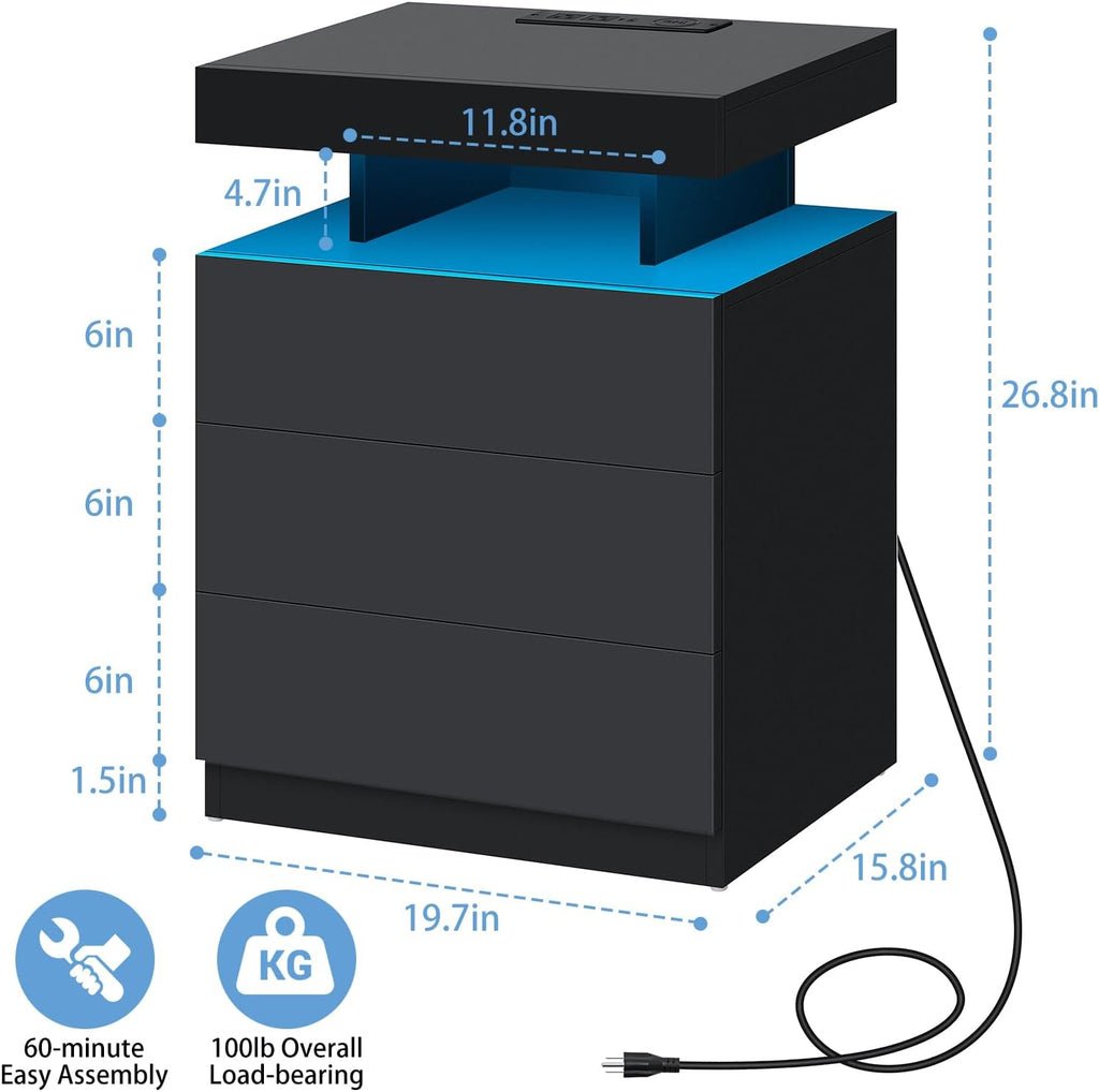 LED Nightstand with Wireless Charging Station & USB Ports, Modern Bedside Table, 3 Drawer Black Night Stand with Open