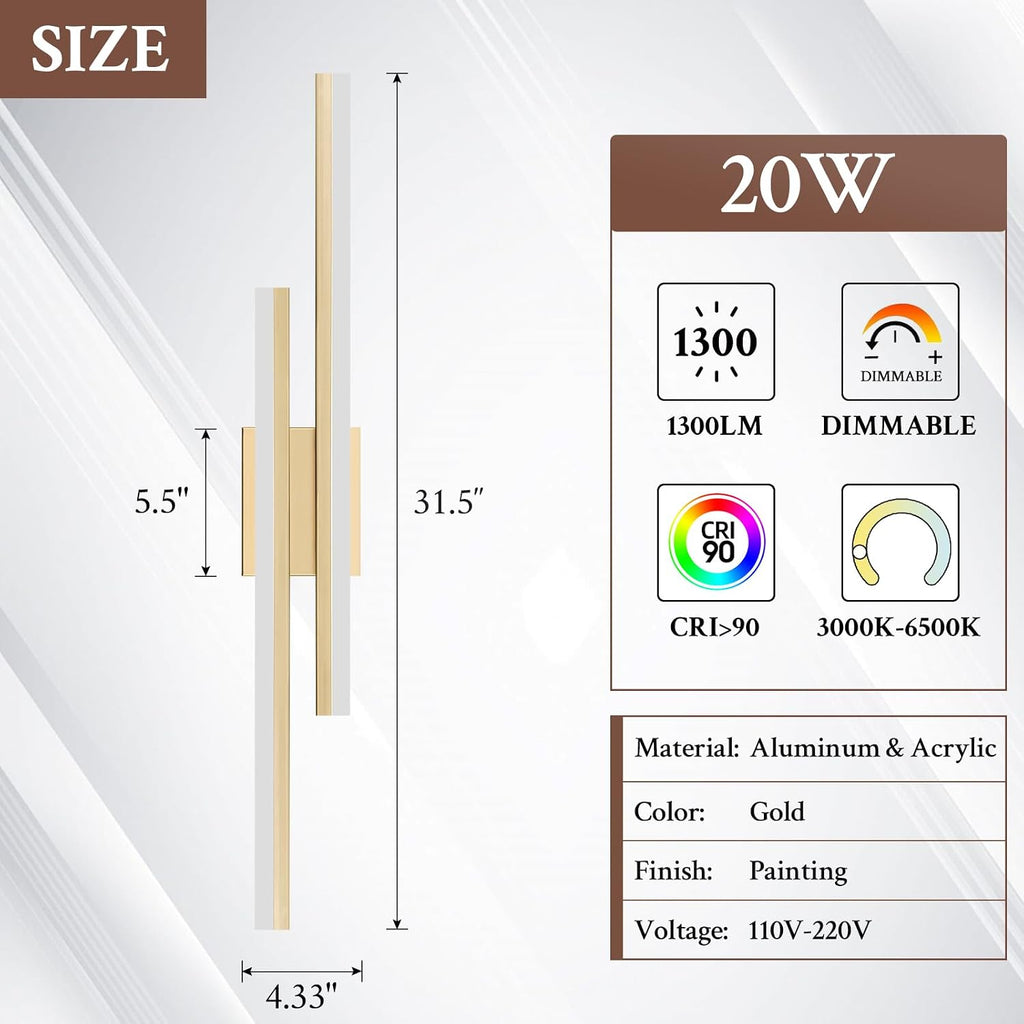 LED Wall Sconce Set of 2 Gold Remote Modern LED Vanity Lights Set of 2 Indoor Wall Light Fixtures for Living Room