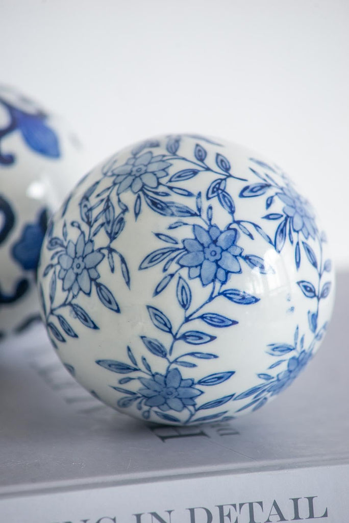 Set of 6 Porcelain Decorative Spheres - Handcrafted Blue and White Floral Orbs Decor, Tabletop Accent, Shelf Display