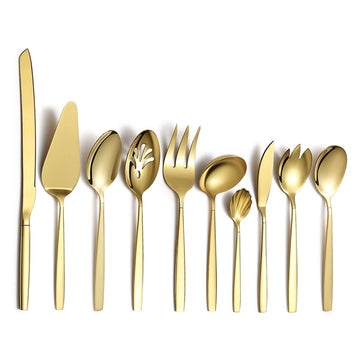 Gold Serving Utensils 10 Pieces, Titanium Golden Plating Serving Spoons, Included Cake Knife Cake Server Serving