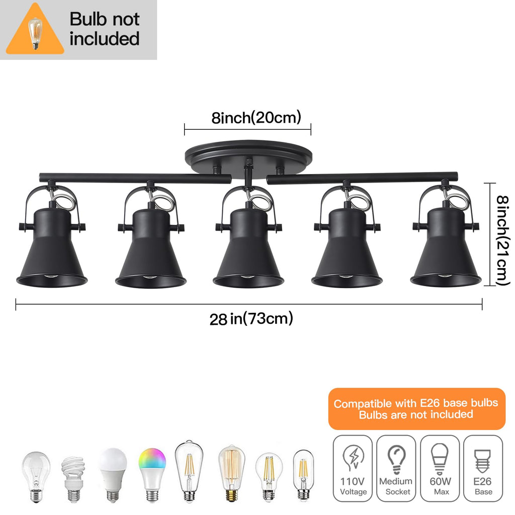 Track Lighting Kit,Black Semi Flush Mount Ceiling Light with 5 Rotatable Light Heads,Modern Accent Lighting