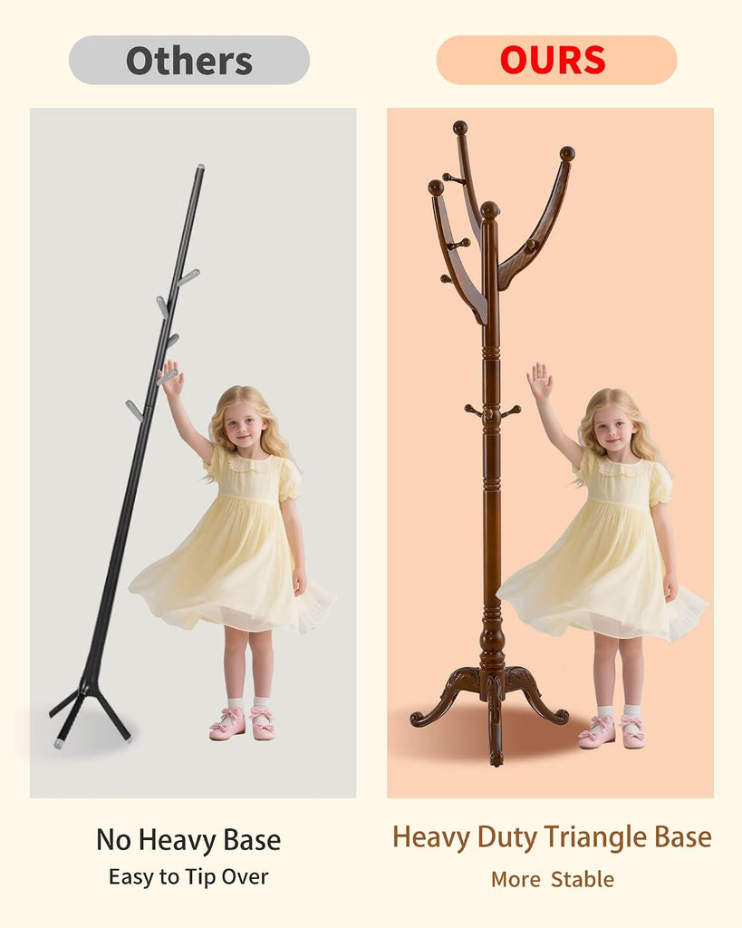 Wooden Coat Rack Freestanding, Solid Wood Coat Rack Stand with 13 Hooks, Mid-Century Modern Heavy Duty Coat