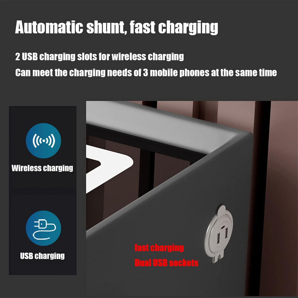 Black,Three drawers, Table Bedroom Smart Bedside Table with LED Light,Smart Nightstand with Fingerprint Lock and
