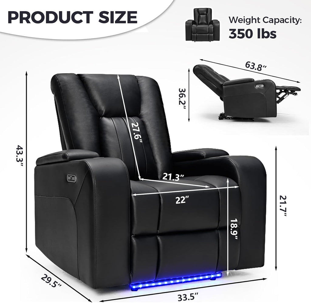 Power Home Theater Seating, Set of 2 PU Leather Electric Recliner Chair with USB Tape-C Ports, LED Light
