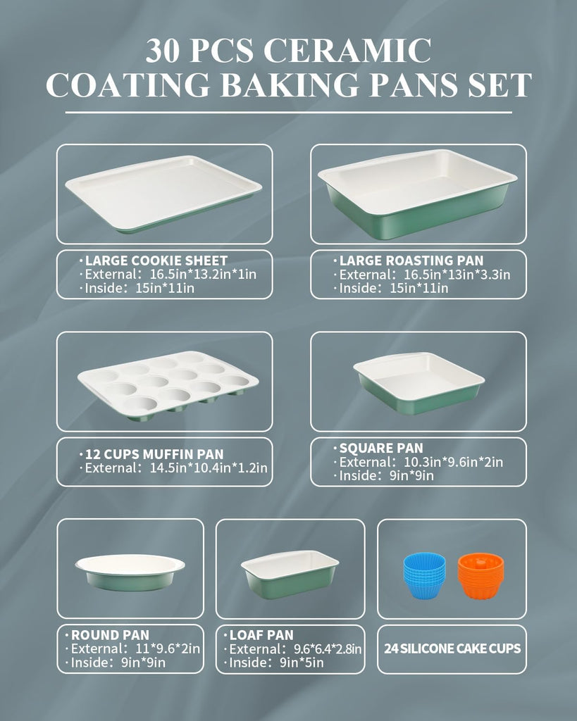 Ceramic Nonstick Pans Set, Non Toxic 30 PCS Stackable Bakeware Sets, 550°F Oven Safe Sheet & Pans, Warp-Free