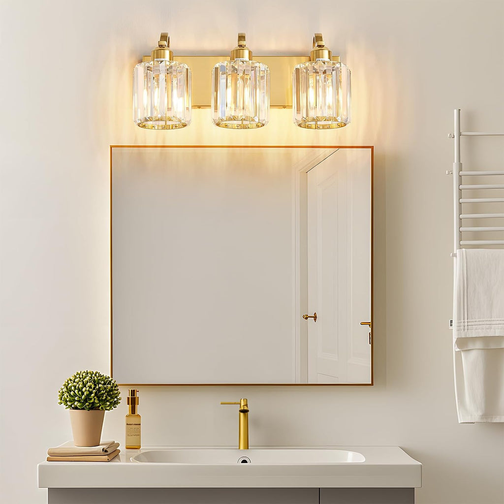 3-Light Gold Bathroom Light Fixtures,Modern Bathroom Vanity Lights Fixture with Clear Crystal Glass Shade, Modern