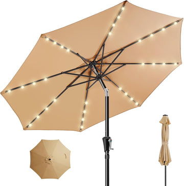 9ft Solar Patio Umbrella - Solar Lights LED Lighted Outdoor Market Table Umbrella