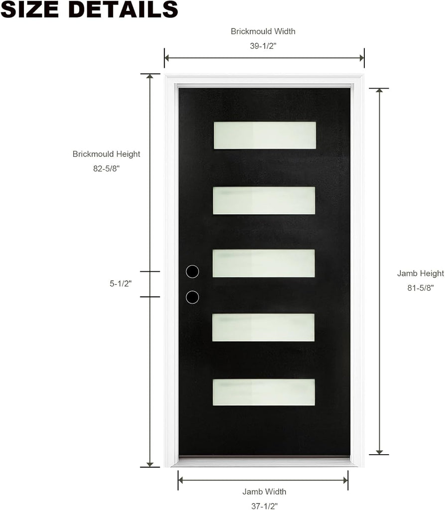 36" x 80" Modern Fiberglass Entry Door, 5-Lite Frosted Glass, Contemporary Exterior Front Door with Vinyl Frame & Brickmould for Residential Homes