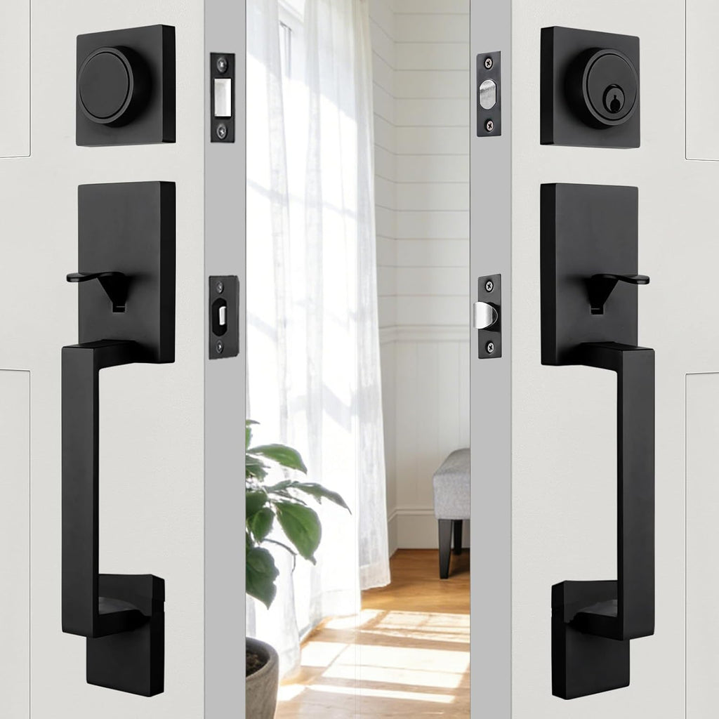 Matte Black Double French Door Handle Set, Halifax Exterior Door Lockset with Deadbolt&Lever - Door Handleset