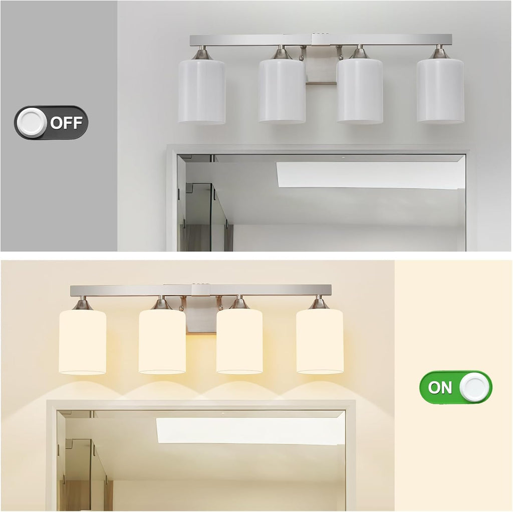 Brushed Nickel Vanity Lights,4-Light Bathroom Light Fixtures,Milky White Glass Shades Wall Lamp,E26 Socket Vanity