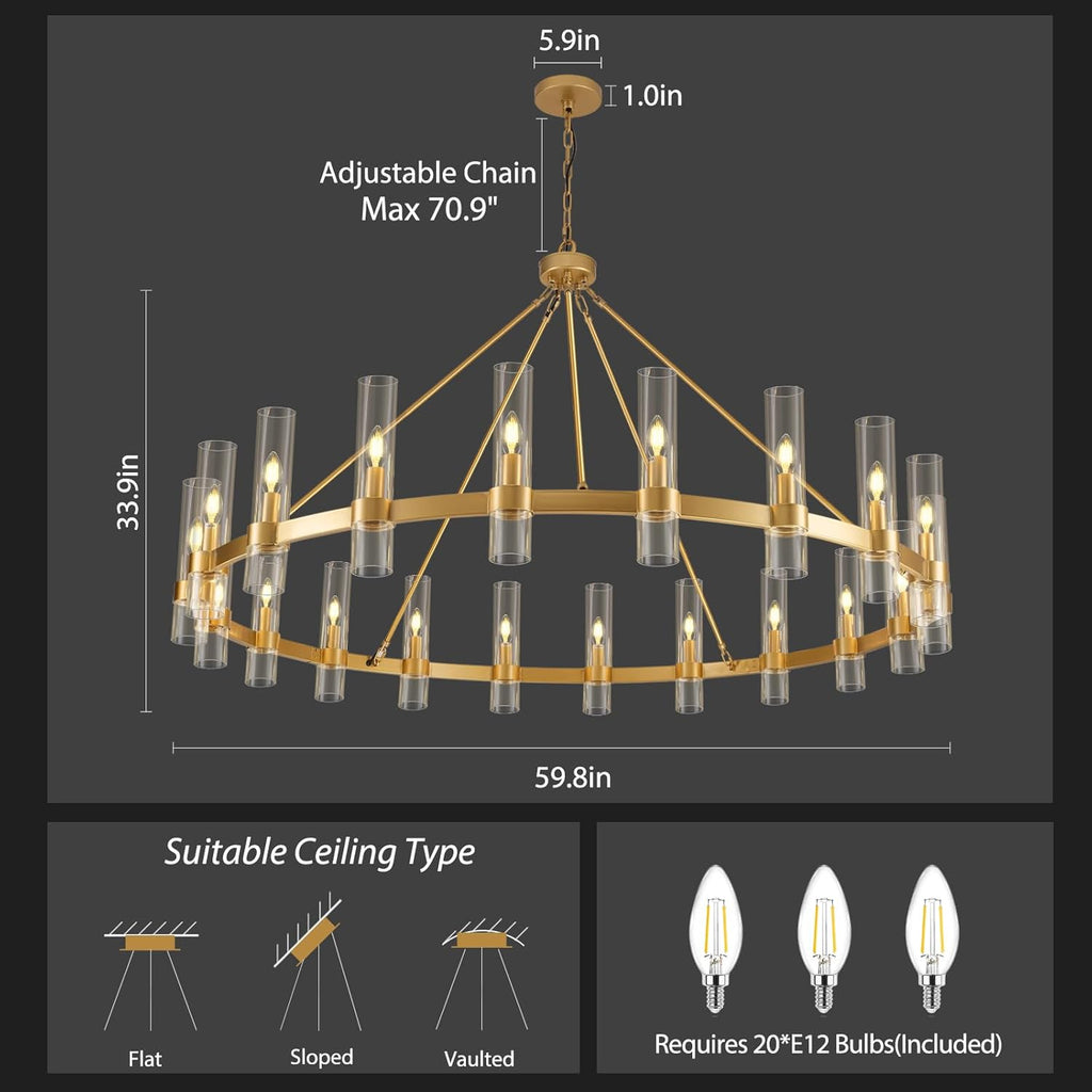 Inspired Ravelle Style Gold Wagon Wheel Chandelier, 60 Inch Glass Chandeliers, 20 Light Chandelier for High Ceiling, Modern Farmhouse Chandeliers for Living Room, Dining Room, Entryway, Stairwell(Bulbs Included)
