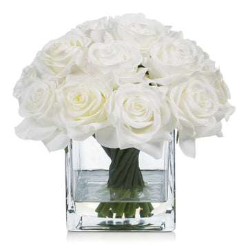16 Heads Silk Rose Artificial Flowers in Cube Glass Vase, Faux Rose Flowers Arrangement in Vase with Faux Water for