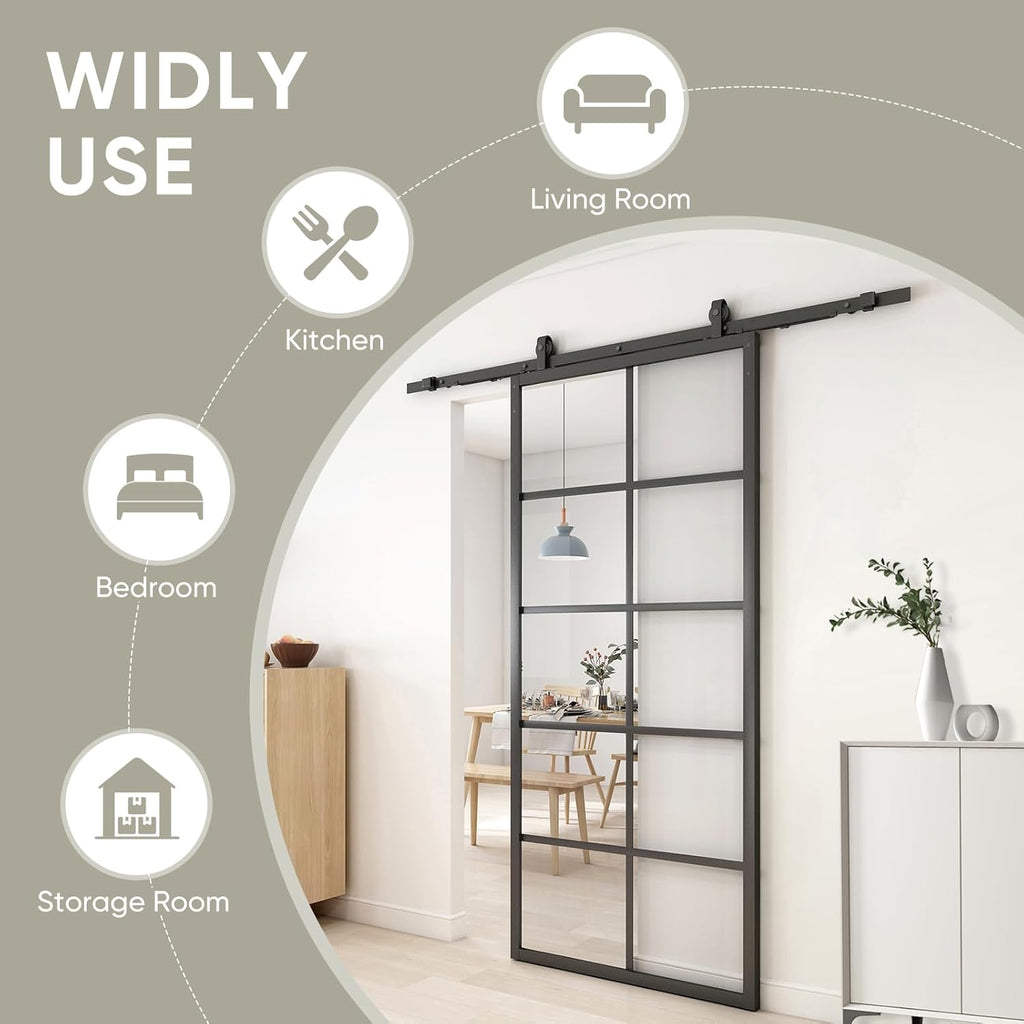 DIY Glass Sliding Kitchen Barn Door - 42in x 84in Modern French Style, Aluminum Frame, 5-Lite Temper