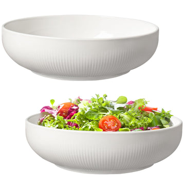 Set of 2 Serving Bowls- 9inch Extra Large Salad Bowls -Porcelain White Serving Bowls for Salad Soup Pasta