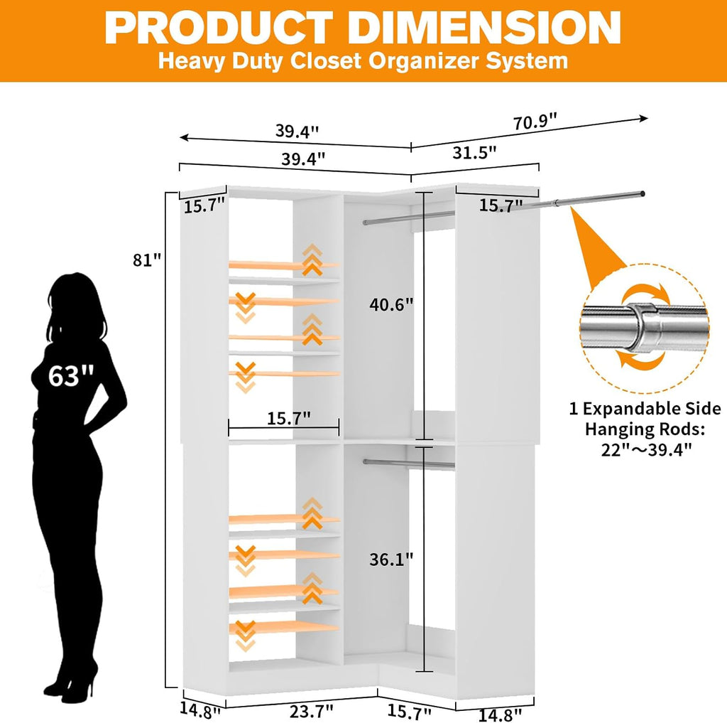 Corner Closet System with 6 Shelves, Custom 39.4"-78.8" Closet Organizer System with 3Hanging Rods, Walk in Corner