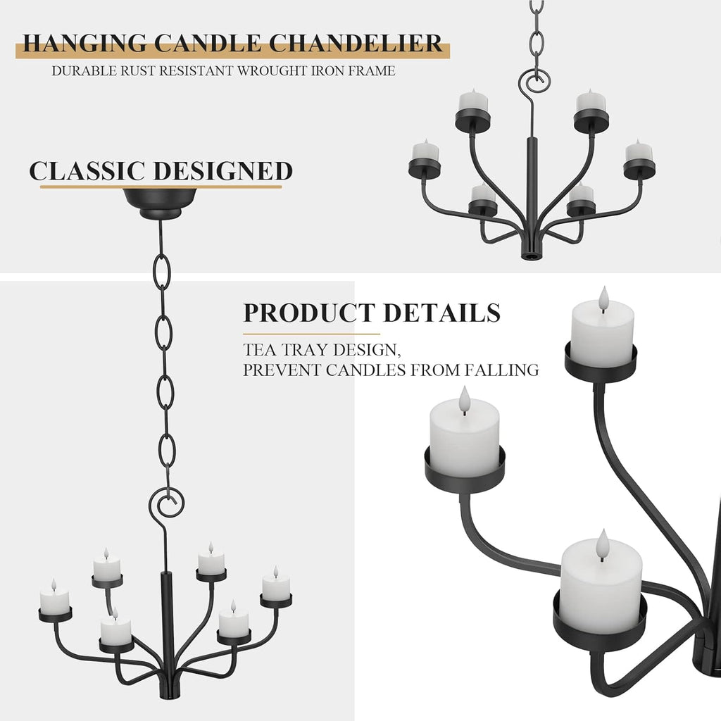 Black Outdoor Chandelier for Gazebo Set of 6 Candle Metal Wall Sconce for Hanging Decoration